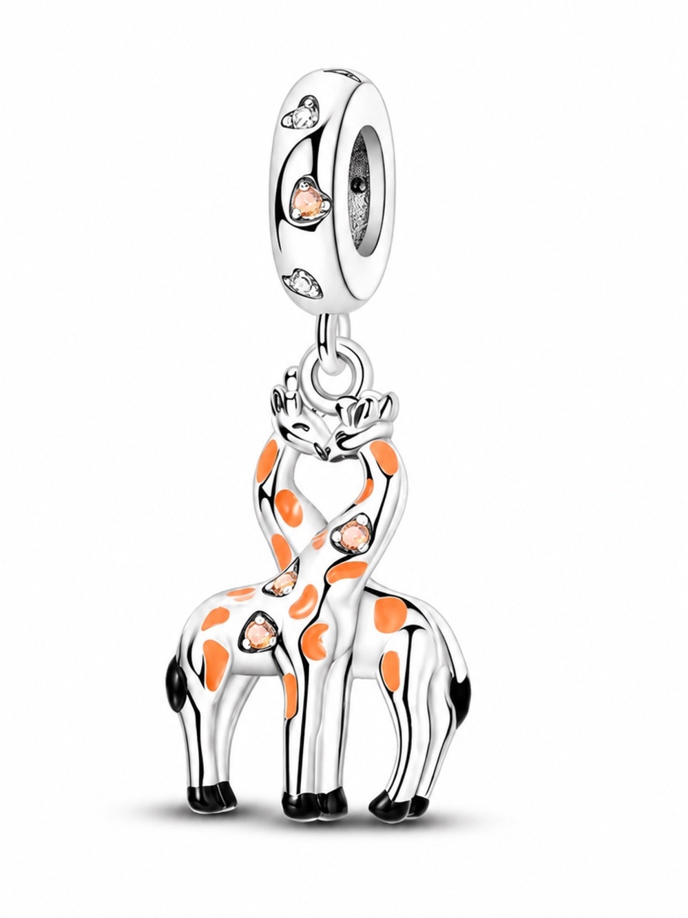 Sterling Silver Giraffe Couple Dangle Charm Orange Enamel CZ
